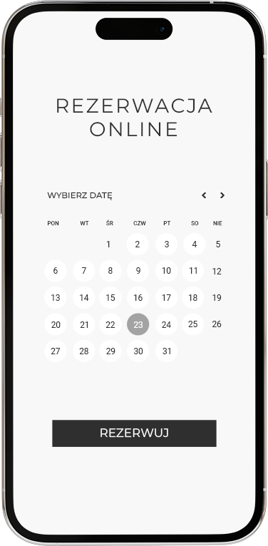 Smartfon iPhone 15 z wyświetlonym na ekranie kalendarzem do rezerwacji wizyt